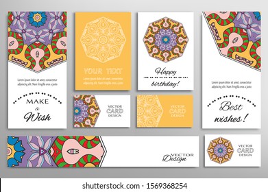 Big set of greeting Cards or wedding Invitations. Postcards template with inscription Make a Wish, Best Wishes, Happy Birthday. Banner, business cards with mandala ornament. Isolated design elements