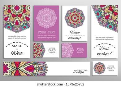 Big set of greeting Cards or wedding Invitations. Postcards template with inscription Make a Wish, Best Wishes, Happy Birthday. Banner, business cards with mandala ornament. Isolated design elements