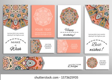 Big set of greeting Cards or wedding Invitations. Postcards template with inscription Make a Wish, Best Wishes, Happy Birthday. Banner, business cards with mandala ornament. Isolated design elements