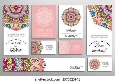Big set of greeting Cards or wedding Invitations. Postcards template with inscription Make a Wish, Best Wishes, Happy Birthday. Banner, business cards with mandala ornament. Isolated design elements