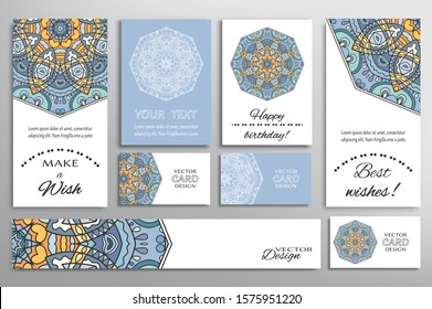 Big set of greeting Cards or wedding Invitations. Postcards template with inscription Make a Wish, Best Wishes, Happy Birthday. Banner, business cards with mandala ornament. Isolated design elements