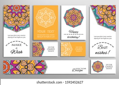 Big set of greeting Cards or wedding Invitations. Postcards template with inscription Make a Wish, Best Wishes, Happy Birthday. Banner, business cards with mandala ornament. Isolated design elements