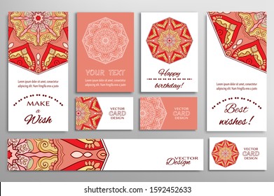 Big set of greeting Cards or wedding Invitations. Postcards template with inscription Make a Wish, Best Wishes, Happy Birthday. Banner, business cards with mandala ornament. Isolated design elements