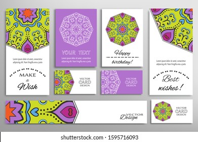 Big set of greeting Cards or wedding Invitations. Postcards template with inscription Make a Wish, Best Wishes, Happy Birthday. Banner, business cards with mandala ornament. Isolated design elements