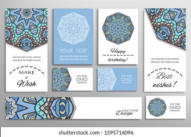 Big set of greeting Cards or wedding Invitations. Postcards template with inscription Make a Wish, Best Wishes, Happy Birthday. Banner, business cards with mandala ornament. Isolated design elements