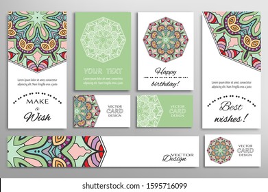 Big set of greeting Cards or wedding Invitations. Postcards template with inscription Make a Wish, Best Wishes, Happy Birthday. Banner, business cards with mandala ornament. Isolated design elements