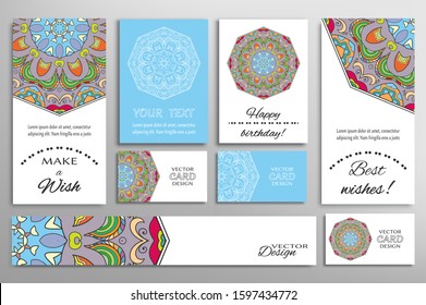 Big set of greeting Cards or wedding Invitations. Postcards template with inscription Make a Wish, Best Wishes, Happy Birthday. Banner, business cards with mandala ornament. Isolated design elements