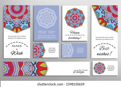 Big set of greeting Cards or wedding Invitations. Postcards template with inscription Make a Wish, Best Wishes, Happy Birthday. Banner, business cards with mandala ornament. Isolated design elements