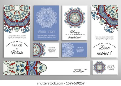 Big set of greeting Cards or wedding Invitations. Postcards template with inscription Make a Wish, Best Wishes, Happy Birthday. Banner, business cards with mandala ornament. Isolated design elements