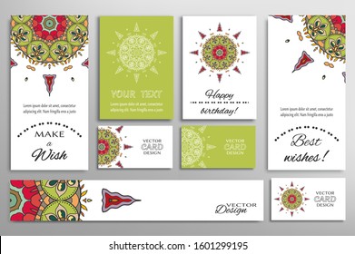 Big set of greeting Cards or wedding Invitations. Postcards template with inscription Make a Wish, Best Wishes, Happy Birthday. Banner, business cards with mandala ornament. Isolated design elements