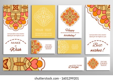 Big set of greeting Cards or wedding Invitations. Postcards template with inscription Make a Wish, Best Wishes, Happy Birthday. Banner, business cards with mandala ornament. Isolated design elements
