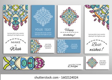Big set of greeting Cards or wedding Invitations. Postcards template with inscription Make a Wish, Best Wishes, Happy Birthday. Banner, business cards with mandala ornament. Isolated design elements