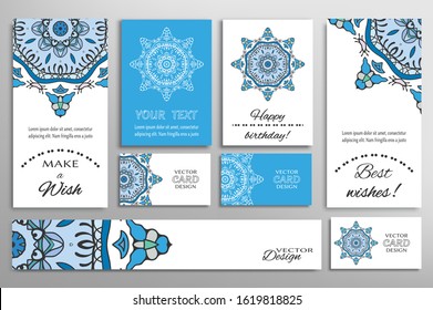 Big set of greeting Cards or wedding Invitations. Postcards template with inscription Make a Wish, Best Wishes, Happy Birthday. Banner, business cards with mandala ornament. Isolated design elements
