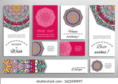 Big set of greeting Cards or wedding Invitations. Postcards template with inscription Make a Wish, Best Wishes, Happy Birthday. Banner, business cards with mandala ornament. Isolated design elements
