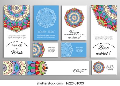 Big set of greeting Cards or wedding Invitations. Postcards template with inscription Make a Wish, Best Wishes, Happy Birthday. Banner, business cards with mandala ornament. Isolated design elements
