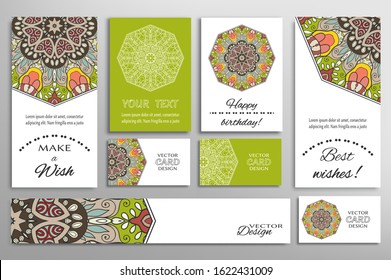Big set of greeting Cards or wedding Invitations. Postcards template with inscription Make a Wish, Best Wishes, Happy Birthday. Banner, business cards with mandala ornament. Isolated design elements