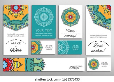 Big set of greeting Cards or wedding Invitations. Postcards template with inscription Make a Wish, Best Wishes, Happy Birthday. Banner, business cards with mandala ornament. Isolated design elements
