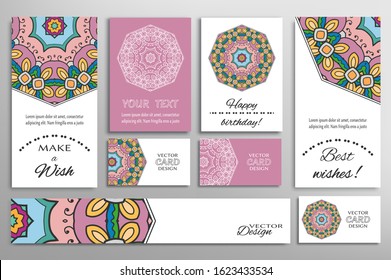 Big set of greeting Cards or wedding Invitations. Postcards template with inscription Make a Wish, Best Wishes, Happy Birthday. Banner, business cards with mandala ornament. Isolated design elements