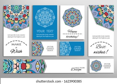 Big set of greeting Cards or wedding Invitations. Postcards template with inscription Make a Wish, Best Wishes, Happy Birthday. Banner, business cards with mandala ornament. Isolated design elements