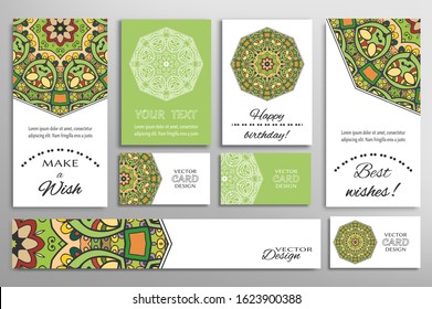 Big set of greeting Cards or wedding Invitations. Postcards template with inscription Make a Wish, Best Wishes, Happy Birthday. Banner, business cards with mandala ornament. Isolated design elements