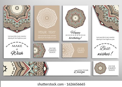 Big set of greeting Cards or wedding Invitations. Postcards template with inscription Make a Wish, Best Wishes, Happy Birthday. Banner, business cards with mandala ornament. Isolated design elements