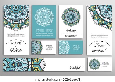 Big set of greeting Cards or wedding Invitations. Postcards template with inscription Make a Wish, Best Wishes, Happy Birthday. Banner, business cards with mandala ornament. Isolated design elements