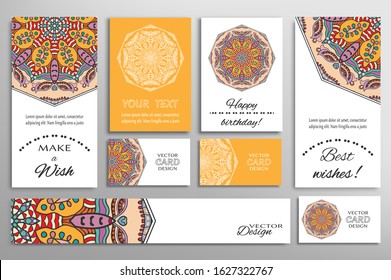 Big set of greeting Cards or wedding Invitations. Postcards template with inscription Make a Wish, Best Wishes, Happy Birthday. Banner, business cards with mandala ornament. Isolated design elements