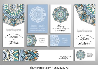 Big set of greeting Cards or wedding Invitations. Postcards template with inscription Make a Wish, Best Wishes, Happy Birthday. Banner, business cards with mandala ornament. Isolated design elements