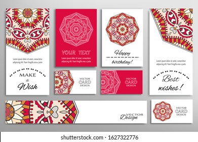 Big set of greeting Cards or wedding Invitations. Postcards template with inscription Make a Wish, Best Wishes, Happy Birthday. Banner, business cards with mandala ornament. Isolated design elements
