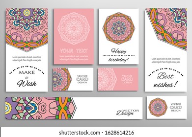 Big set of greeting Cards or wedding Invitations. Postcards template with inscription Make a Wish, Best Wishes, Happy Birthday. Banner, business cards with mandala ornament. Isolated design elements