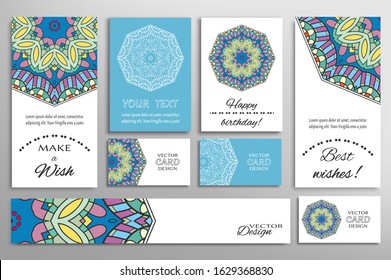Big set of greeting Cards or wedding Invitations. Postcards template with inscription Make a Wish, Best Wishes, Happy Birthday. Banner, business cards with mandala ornament. Isolated design elements