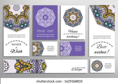 Big set of greeting Cards or wedding Invitations. Postcards template with inscription Make a Wish, Best Wishes, Happy Birthday. Banner, business cards with mandala ornament. Isolated design elements