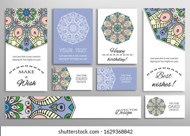 Big set of greeting Cards or wedding Invitations. Postcards template with inscription Make a Wish, Best Wishes, Happy Birthday. Banner, business cards with mandala ornament. Isolated design elements