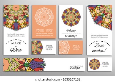 Big set of greeting Cards or wedding Invitations. Postcards template with inscription Make a Wish, Best Wishes, Happy Birthday. Banner, business cards with mandala ornament. Isolated design elements