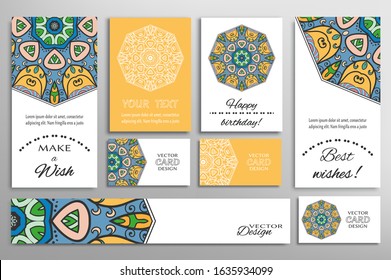 Big set of greeting Cards or wedding Invitations. Postcards template with inscription Make a Wish, Best Wishes, Happy Birthday. Banner, business cards with mandala ornament. Isolated design elements