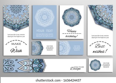 Big set of greeting Cards or wedding Invitations. Postcards template with inscription Make a Wish, Best Wishes, Happy Birthday. Banner, business cards with mandala ornament. Isolated design elements
