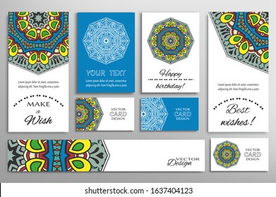 Big set of greeting Cards or wedding Invitations. Postcards template with inscription Make a Wish, Best Wishes, Happy Birthday. Banner, business cards with mandala ornament. Isolated design elements