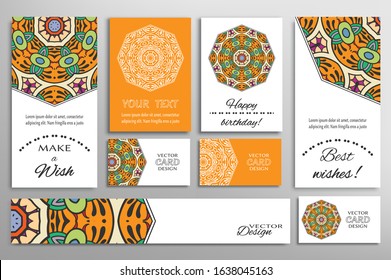 Big set of greeting Cards or wedding Invitations. Postcards template with inscription Make a Wish, Best Wishes, Happy Birthday. Banner, business cards with mandala ornament. Isolated design elements