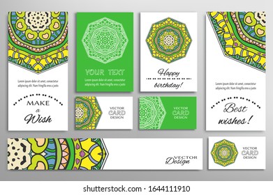 Big set of greeting Cards or wedding Invitations. Postcards template with inscription Make a Wish, Best Wishes, Happy Birthday. Banner, business cards with mandala ornament. Isolated design elements
