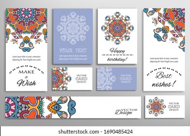 Big set of greeting Cards or wedding Invitations. Postcards template with inscription Make a Wish, Best Wishes, Happy Birthday. Banner, business cards with mandala ornament. Isolated design elements
