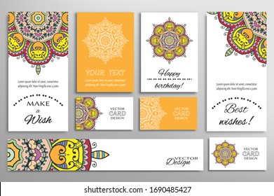Big set of greeting Cards or wedding Invitations. Postcards template with inscription Make a Wish, Best Wishes, Happy Birthday. Banner, business cards with mandala ornament. Isolated design elements