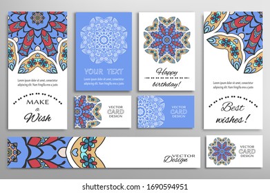 Big set of greeting Cards or wedding Invitations. Postcards template with inscription Make a Wish, Best Wishes, Happy Birthday. Banner, business cards with mandala ornament. Isolated design elements