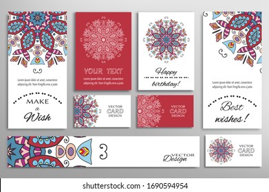 Big set of greeting Cards or wedding Invitations. Postcards template with inscription Make a Wish, Best Wishes, Happy Birthday. Banner, business cards with mandala ornament. Isolated design elements