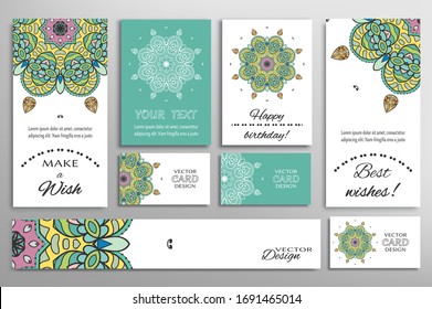 Big set of greeting Cards or wedding Invitations. Postcards template with inscription Make a Wish, Best Wishes, Happy Birthday. Banner, business cards with mandala ornament. Isolated design elements