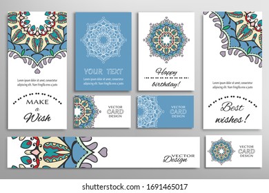 Big set of greeting Cards or wedding Invitations. Postcards template with inscription Make a Wish, Best Wishes, Happy Birthday. Banner, business cards with mandala ornament. Isolated design elements