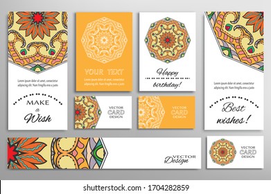 Big set of greeting Cards or wedding Invitations. Postcards template with inscription Make a Wish, Best Wishes, Happy Birthday. Banner, business cards with mandala ornament. Isolated design elements