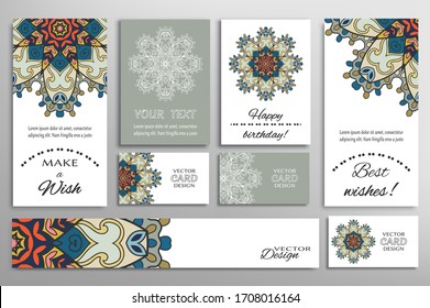 Big set of greeting Cards or wedding Invitations. Postcards template with inscription Make a Wish, Best Wishes, Happy Birthday. Banner, business cards with mandala ornament. Isolated design elements