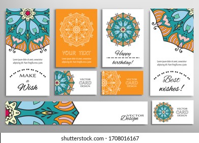 Big set of greeting Cards or wedding Invitations. Postcards template with inscription Make a Wish, Best Wishes, Happy Birthday. Banner, business cards with mandala ornament. Isolated design elements