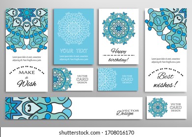 Big set of greeting Cards or wedding Invitations. Postcards template with inscription Make a Wish, Best Wishes, Happy Birthday. Banner, business cards with mandala ornament. Isolated design elements