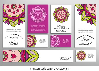 Big set of greeting Cards or wedding Invitations. Postcards template with inscription Make a Wish, Best Wishes, Happy Birthday. Banner, business cards with mandala ornament. Isolated design elements
